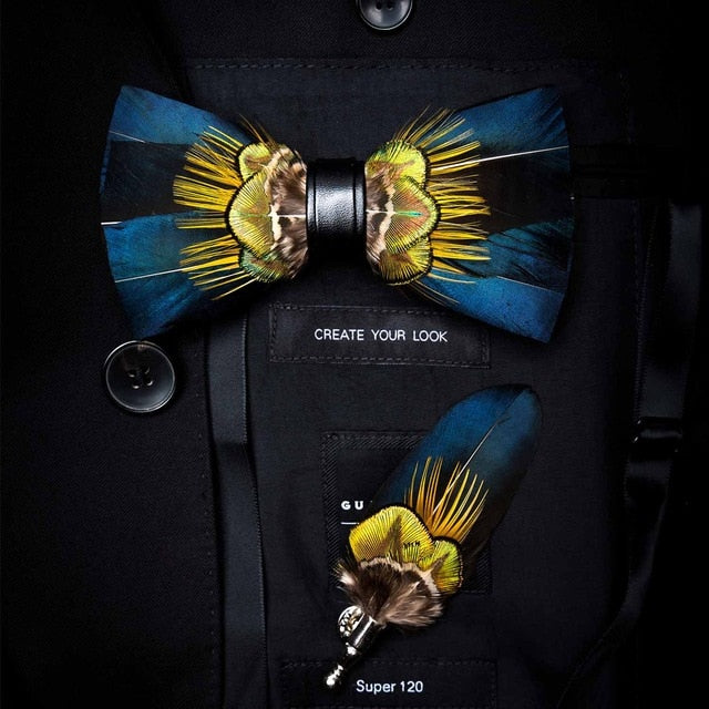 Natural Feather Handmade Bow Tie & Lapel Pin Gift Box Set For Men.