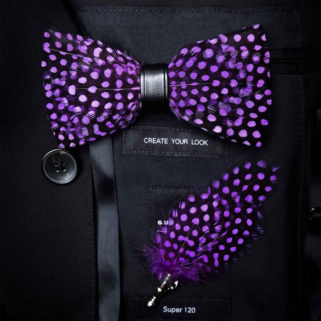 Natural Feather Handmade Bow Tie & Lapel Pin Gift Box Set For Men