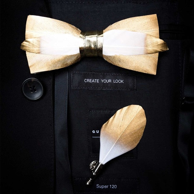 Natural Feather Handmade Bow Tie & Lapel Pin Gift Box Set For Men.