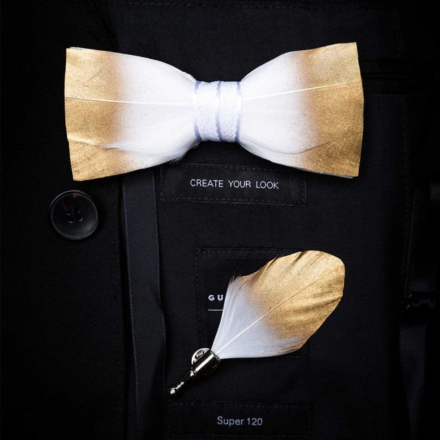Natural Feather Handmade Bow Tie & Lapel Pin Gift Box Set For Men.