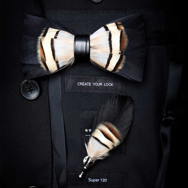 Natural Feather Handmade Bow Tie & Lapel Pin Gift Box Set For Men