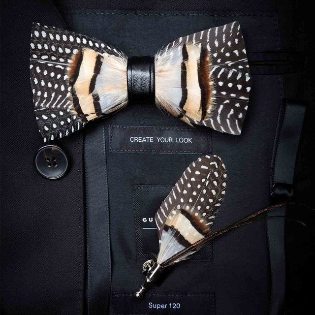 Natural Feather Handmade Bow Tie & Lapel Pin Gift Box Set For Men.