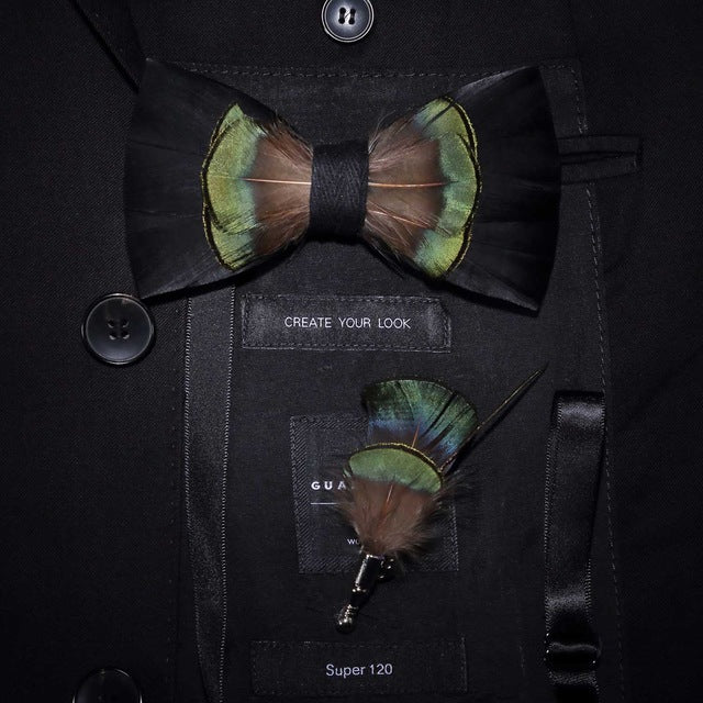 Natural Feather Handmade Bow Tie & Lapel Pin Gift Box Set For Men.