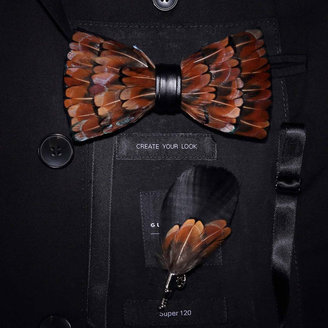 Natural Feather Handmade Bow Tie & Lapel Pin Gift Box Set For Men