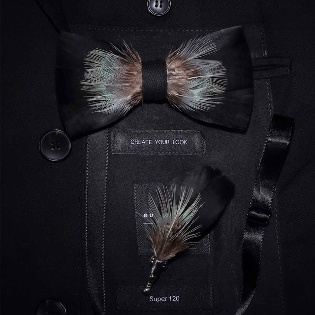 Natural Feather Handmade Bow Tie & Lapel Pin Gift Box Set For Men