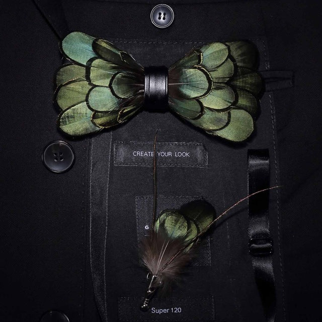 Natural Feather Handmade Bow Tie & Lapel Pin Gift Box Set For Men.