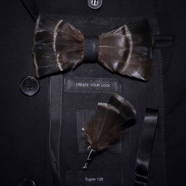 Natural Feather Handmade Bow Tie & Lapel Pin Gift Box Set For Men