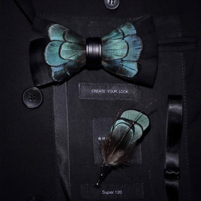 Natural Feather Handmade Bow Tie & Lapel Pin Gift Box Set For Men