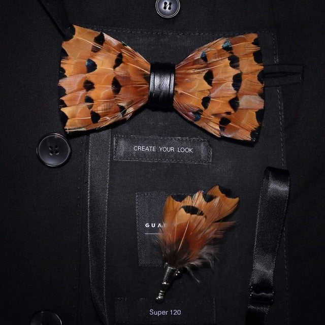 Natural Feather Handmade Bow Tie & Lapel Pin Gift Box Set For Men.