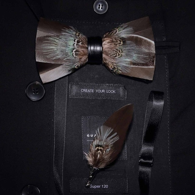 Natural Feather Handmade Bow Tie & Lapel Pin Gift Box Set For Men.