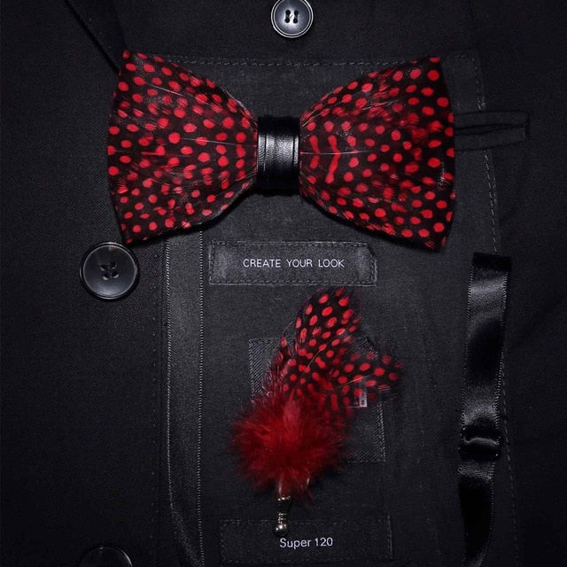 Natural Feather Handmade Bow Tie & Lapel Pin Gift Box Set For Men