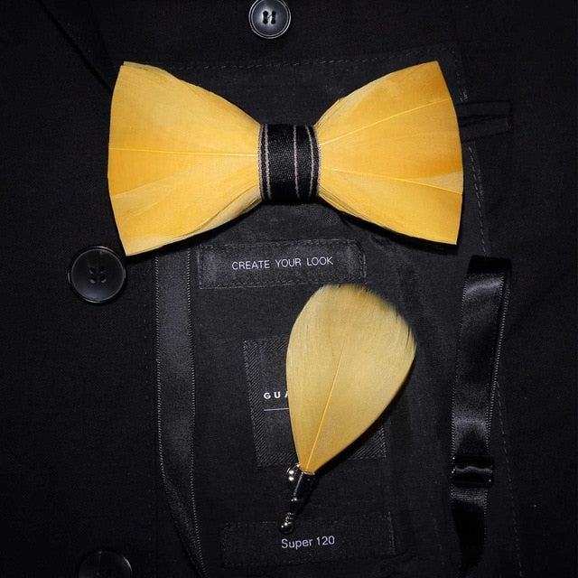 Natural Feather Handmade Bow Tie & Lapel Pin Gift Box Set For Men.