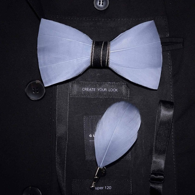Natural Feather Handmade Bow Tie & Lapel Pin Gift Box Set For Men