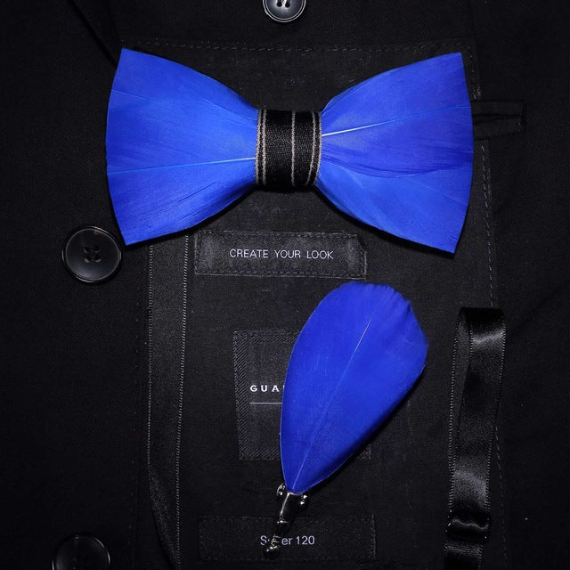 Natural Feather Handmade Bow Tie & Lapel Pin Gift Box Set For Men