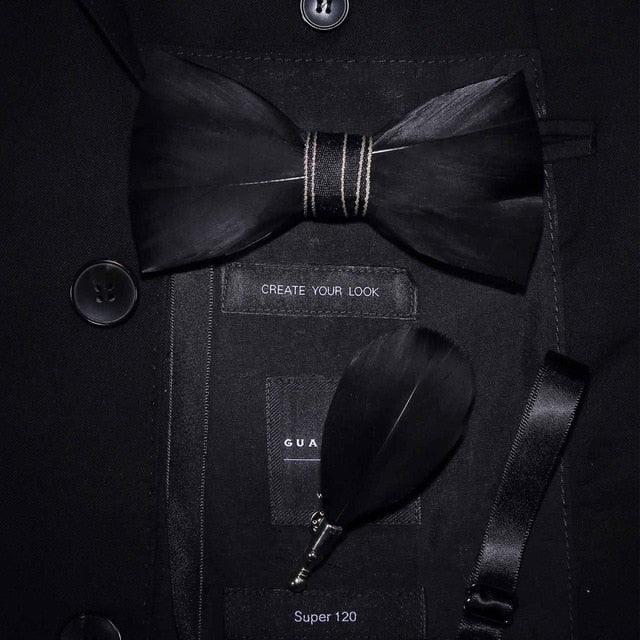 Natural Feather Handmade Bow Tie & Lapel Pin Gift Box Set For Men