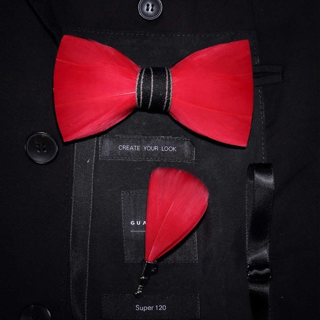 Natural Feather Handmade Bow Tie & Lapel Pin Gift Box Set For Men
