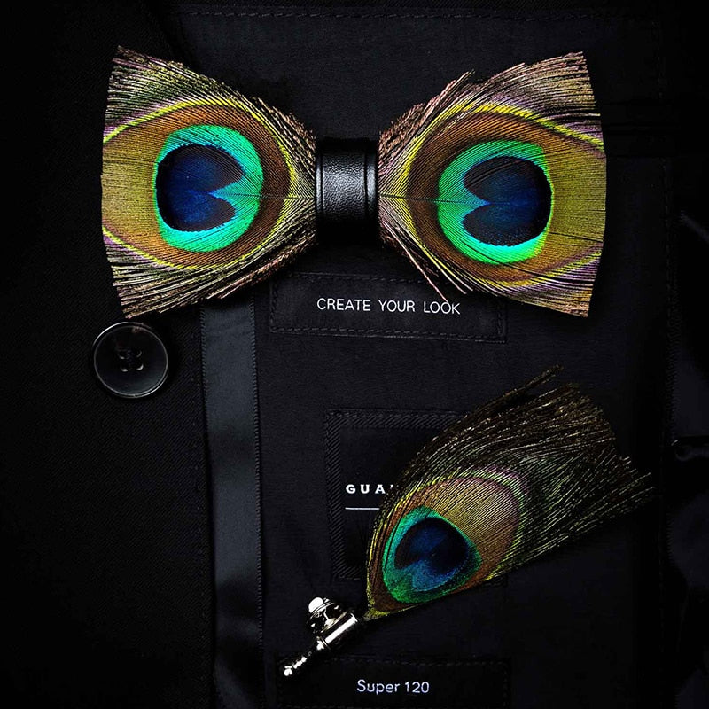 Natural Feather Handmade Bow Tie & Lapel Pin Gift Box Set For Men