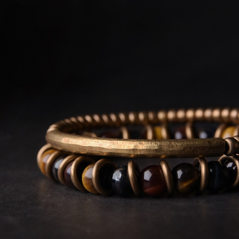 Tiger Eye Stone Bracelet Mixed Hammered Pure Copper Unisex Jewellery