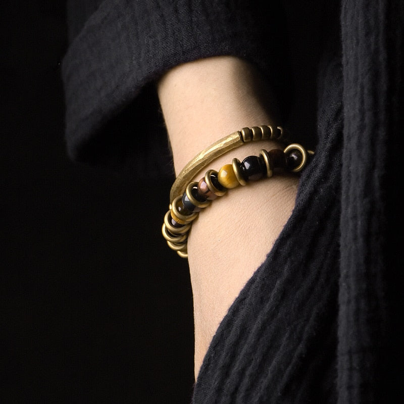 Tiger Eye Stone Bracelet Mixed Hammered Pure Copper Unisex Jewellery