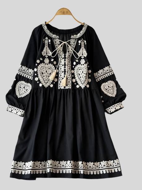 Georgia's Embroidered Boho Cotton Linen Long Sleeves Mini Dress