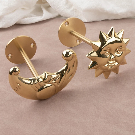 Brass Celestial Sun and Moon Face Golden Curtain Tieback Hook