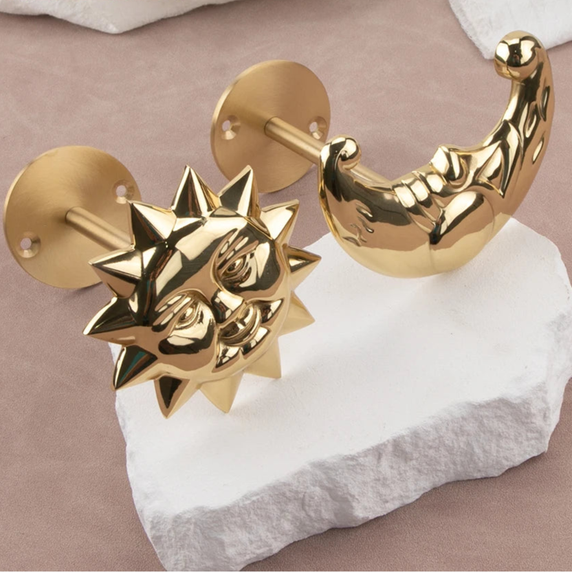 Brass Celestial Sun and Moon Face Golden Curtain Tieback Hook