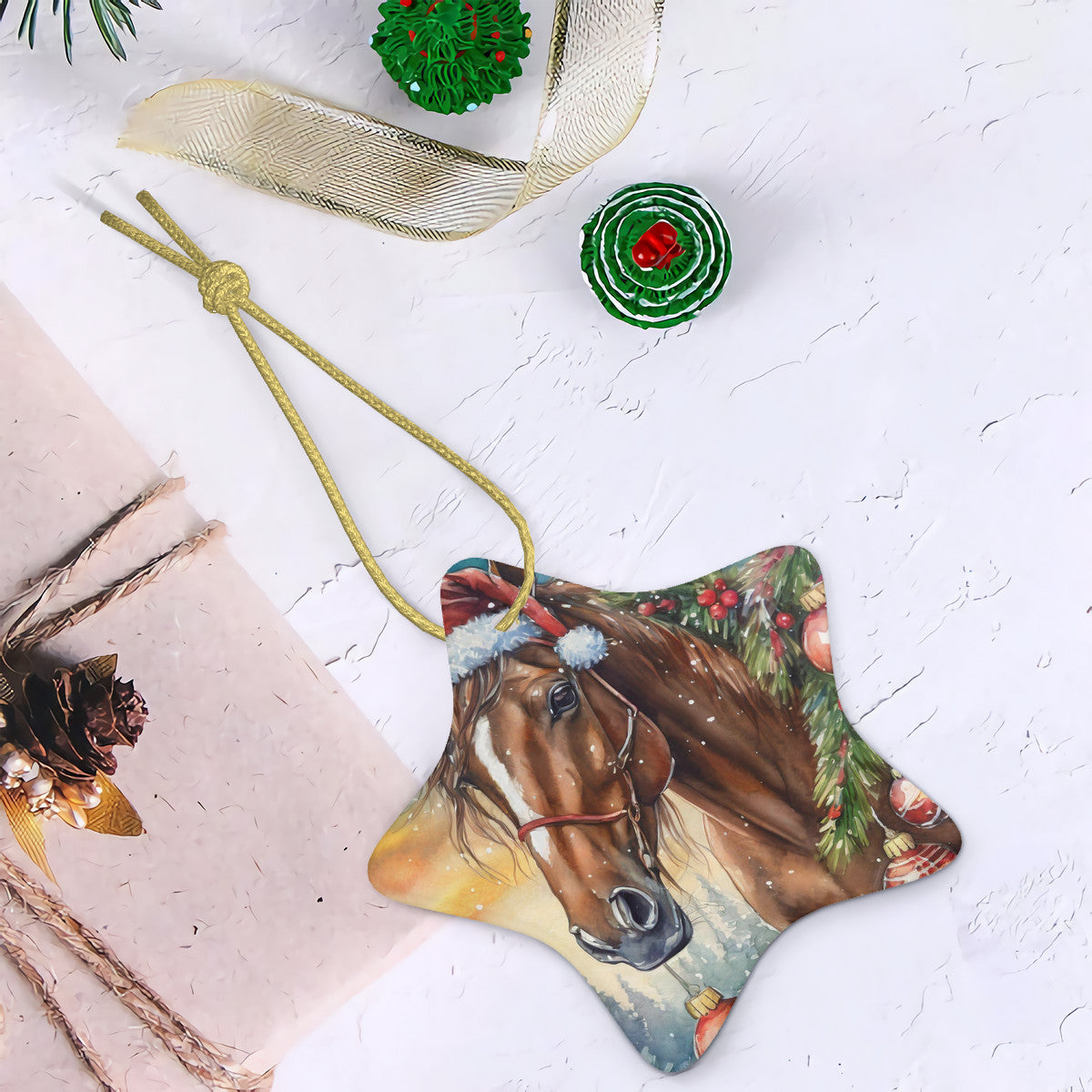 Brown Horse Ceramic Star Shape Christmas Ornament