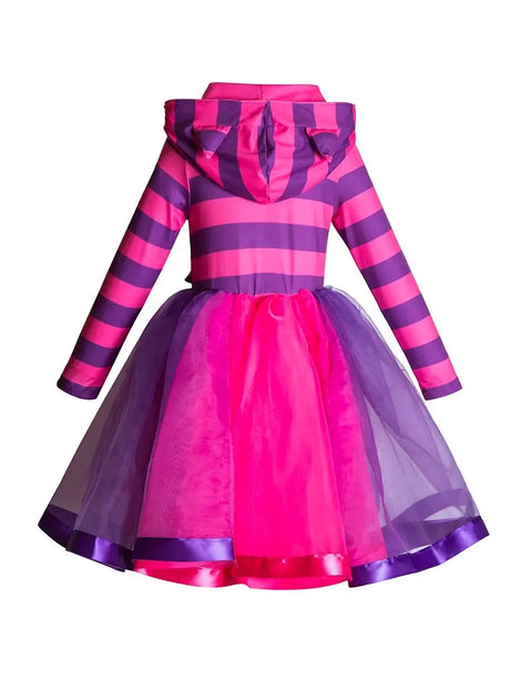 Cheshire Cat Costume Pink Purple Striped Hooded Dress Cosplay Alice in Wonderland Book Week Costume