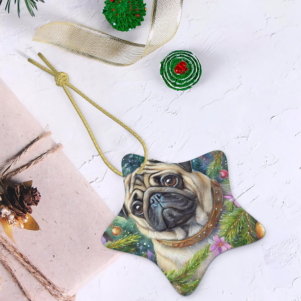 Star Pug Ceramic Star Shape Christmas Ornament