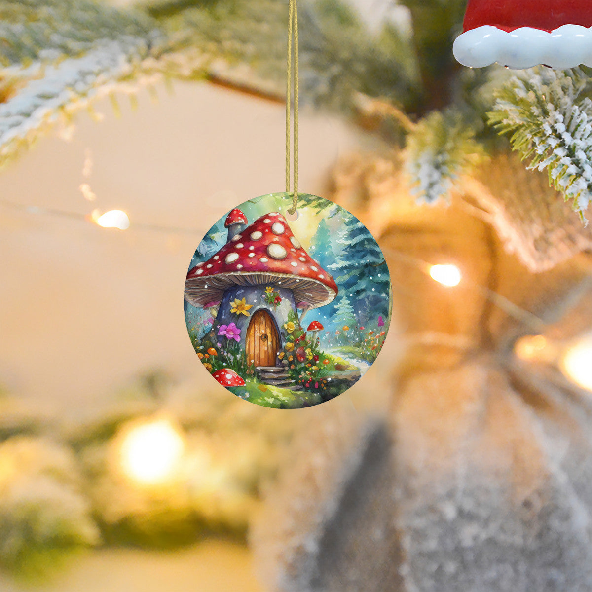 Mushroom Cottage Ceramic Christmas Round Ornament