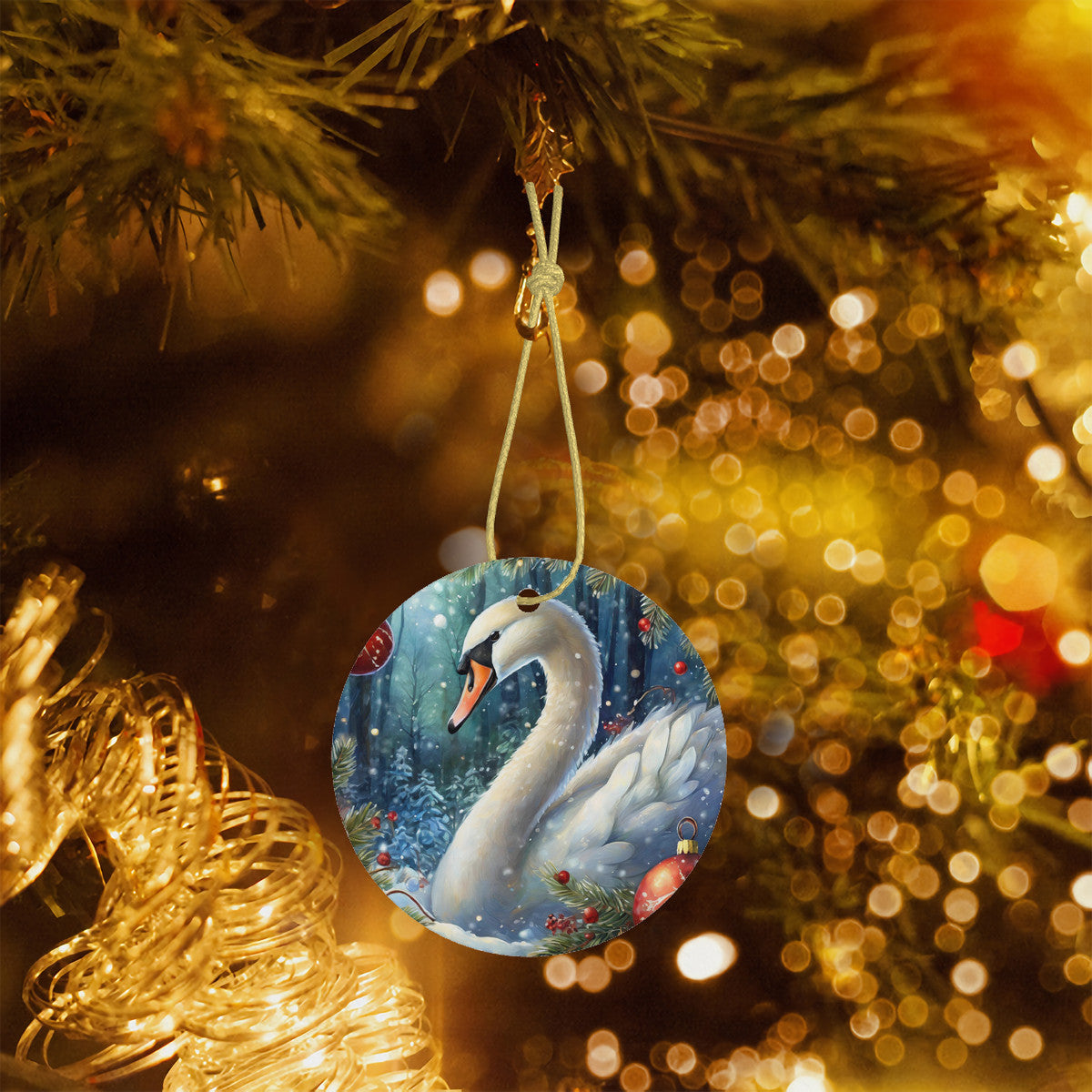 Swan Ceramic Christmas Round Ornament