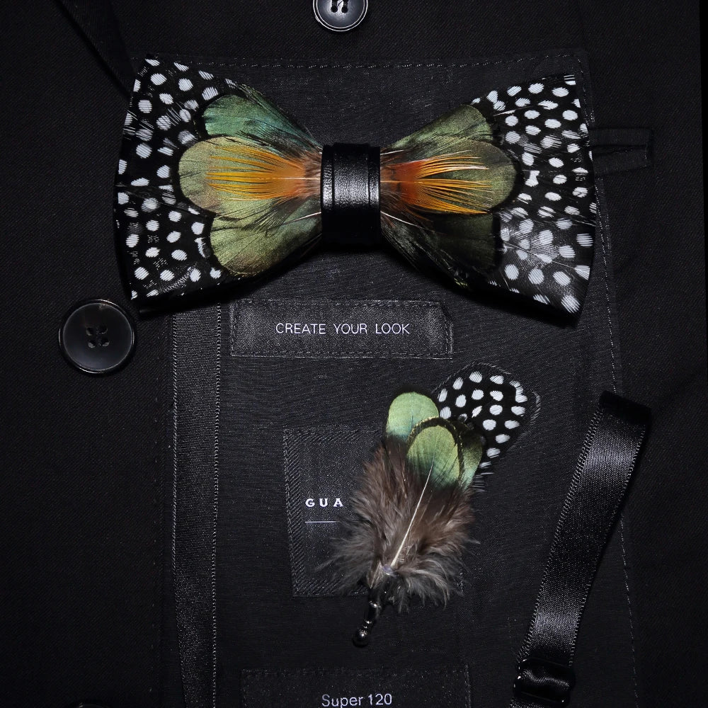 Men's Bow Tie & Pin Set Handmade Natural Feather Gift Box