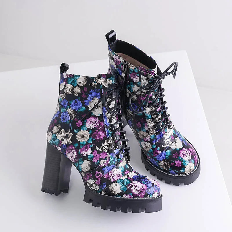 Purple Flower Print Platform Thick Heel Ankle Boots
