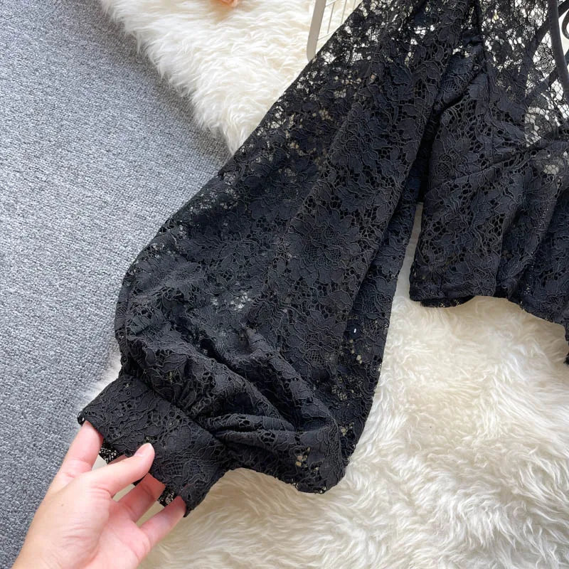 Lace Crop Top Black/White/Brown Long Lantern Sleeve