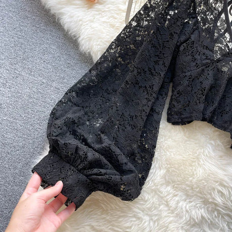 Lace Crop Top Black/White/Brown Long Lantern Sleeve