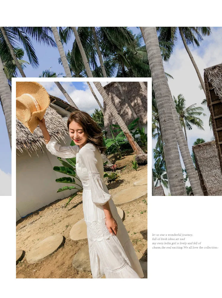 Dove's White Boho Lantern Sleeve Cotton Lace Dress