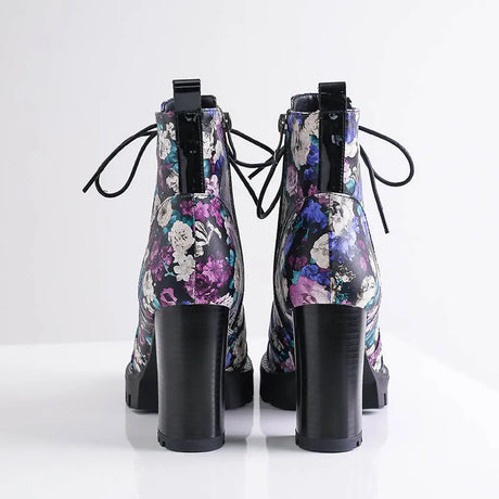 Purple Flower Print Platform Thick Heel Ankle Boots