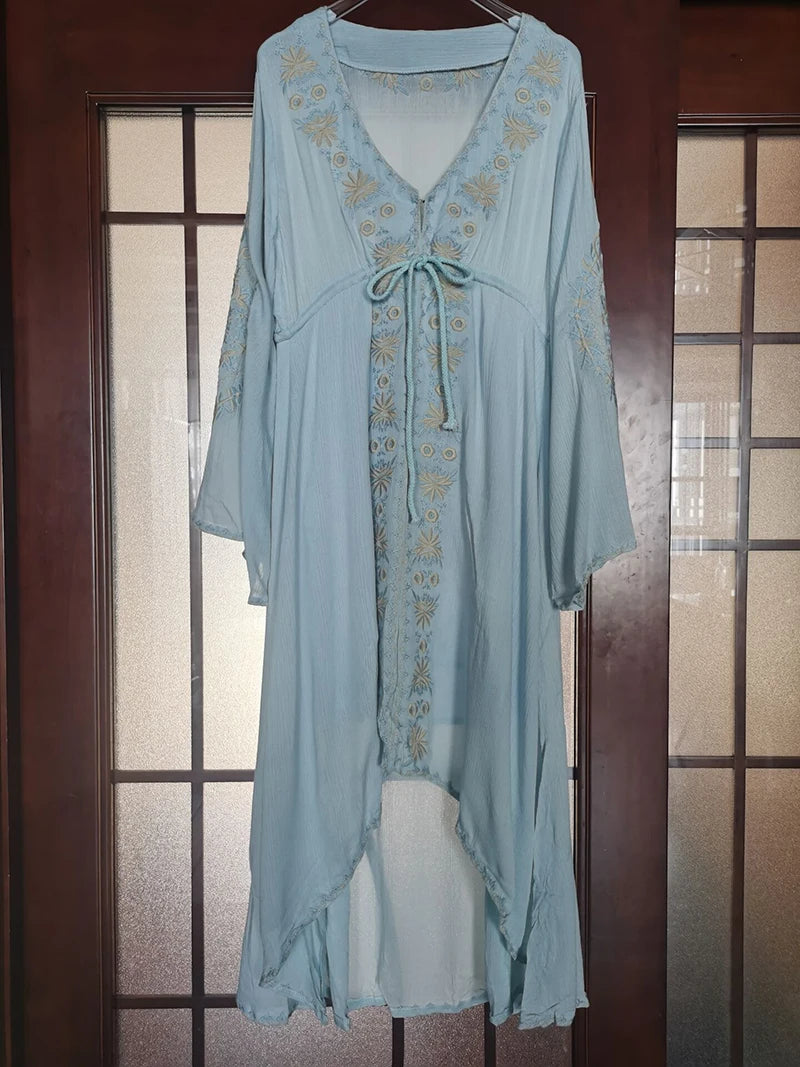 Laney's Long Sleeve Vintage Embroidered Cotton Boho Dress
