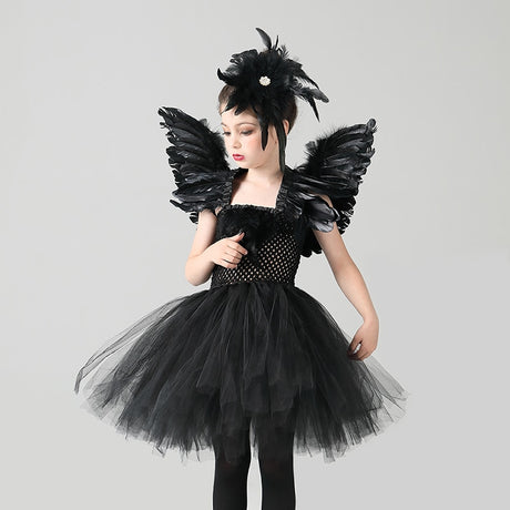 Black Swan Tulle Tutu Dress with Feather Wings and Hair Clip Halloween Costume
