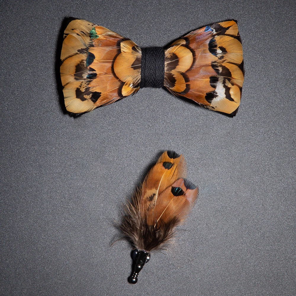 Men's Bow Tie & Pin Set Handmade Natural Feather Gift Box