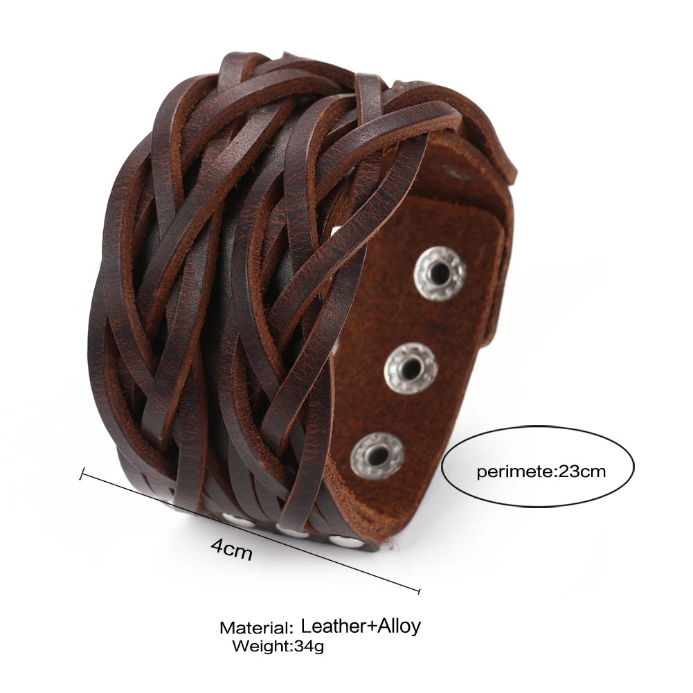 Braided Handmade Genuine Leather Bracelet Wide Wrist Cuff