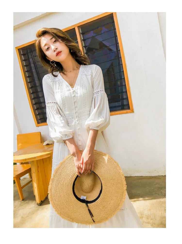 Dove's White Boho Lantern Sleeve Cotton Lace Dress