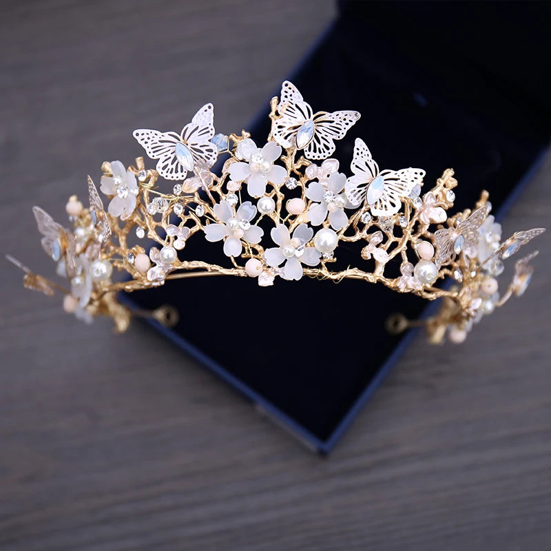 Princess Farfalla's Crystal Beads Pearl Butterfly Crown Jewellery Necklace Earrings Tiara Wedding Set