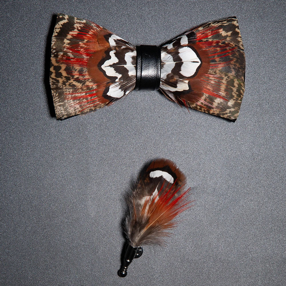 Men's Bow Tie & Pin Set Handmade Natural Feather Gift Box