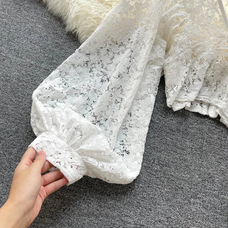 Lace Crop Top Black/White/Brown Long Lantern Sleeve