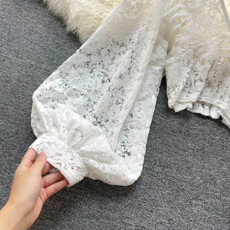 Lace Crop Top Black/White/Brown Long Lantern Sleeve