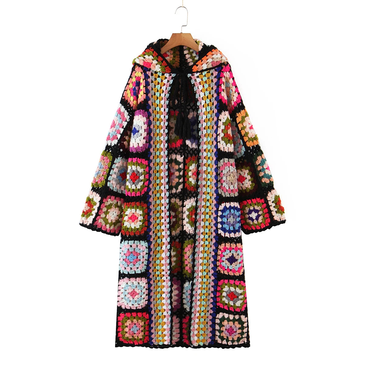 Granny Square Hand Crochet Mohair Hooded Long Cardigan