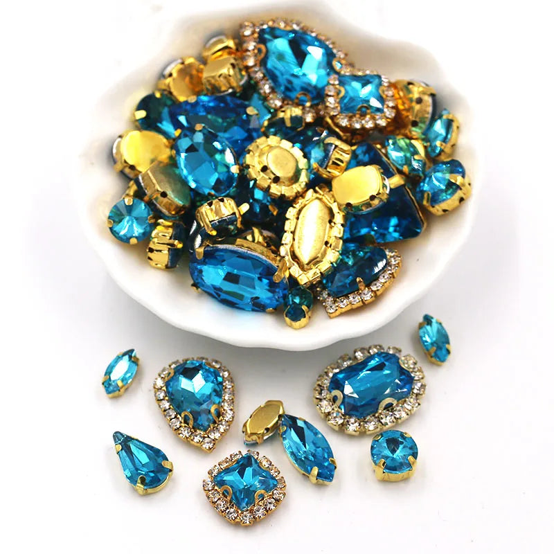 50pcs/Bag Shiny Mixed Shape Sew On Glass Rhinestone Gold Claw Crystal Buckle DIY Decoration 24 Colours