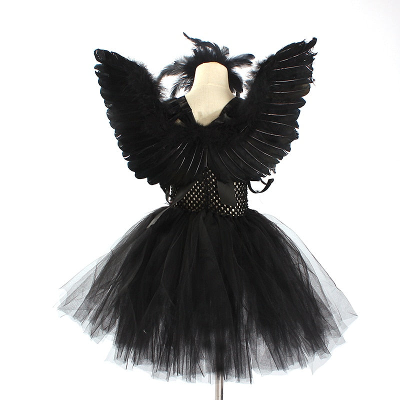 Black Swan Tulle Tutu Dress with Feather Wings and Hair Clip Halloween Costume
