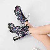 Purple Flower Print Platform Thick Heel Ankle Boots